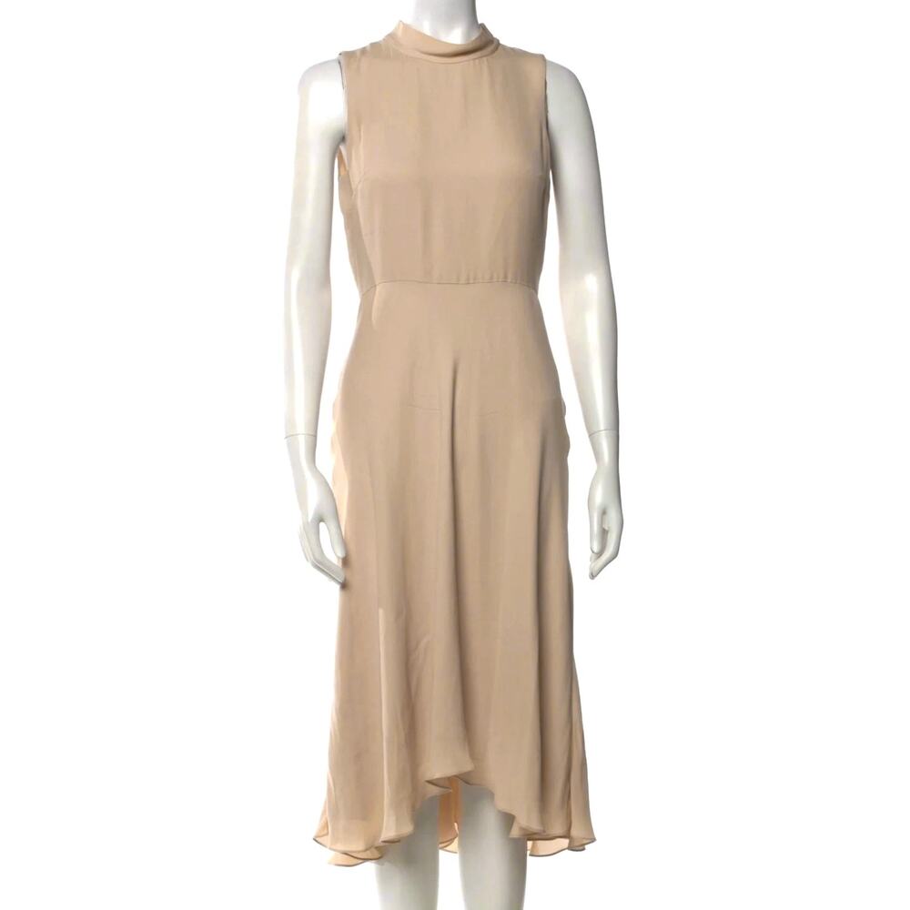 Theory Unice 100% Silk Mock Neck Tie Back Midi Dress Cream Nude High Low Sz 2